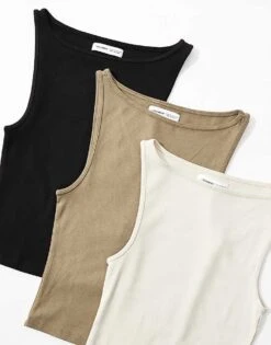 Pull&Bear 3 Pack Racer Neck Vest Top In Sand, Taupe & Black For Women Multi