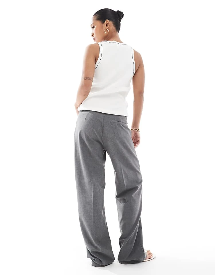 Pull&Bear Petite High Waisted Straight Leg Tailored Trouser In Grey For Women - Image 2
