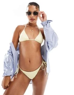 Pull&Bear Tie Side Bikini Bottom In Butter Yellow