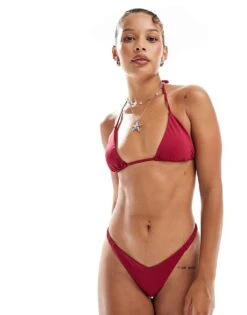 Pull&Bear High Leg Thong Bikini Bottom In Burgundy