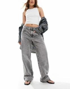 Pull&Bear Baggy Jean With Turnup Hem In Grey For Women