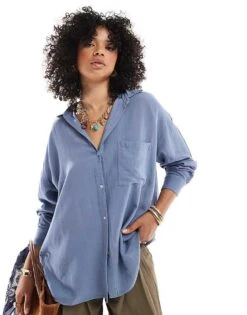 Pull&Bear Oversized Linen Look Shirt In Pale Blue For Women