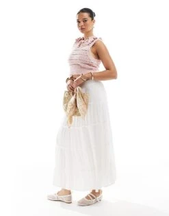 Pull&Bear Tiered Maxi Skirt In White For Women