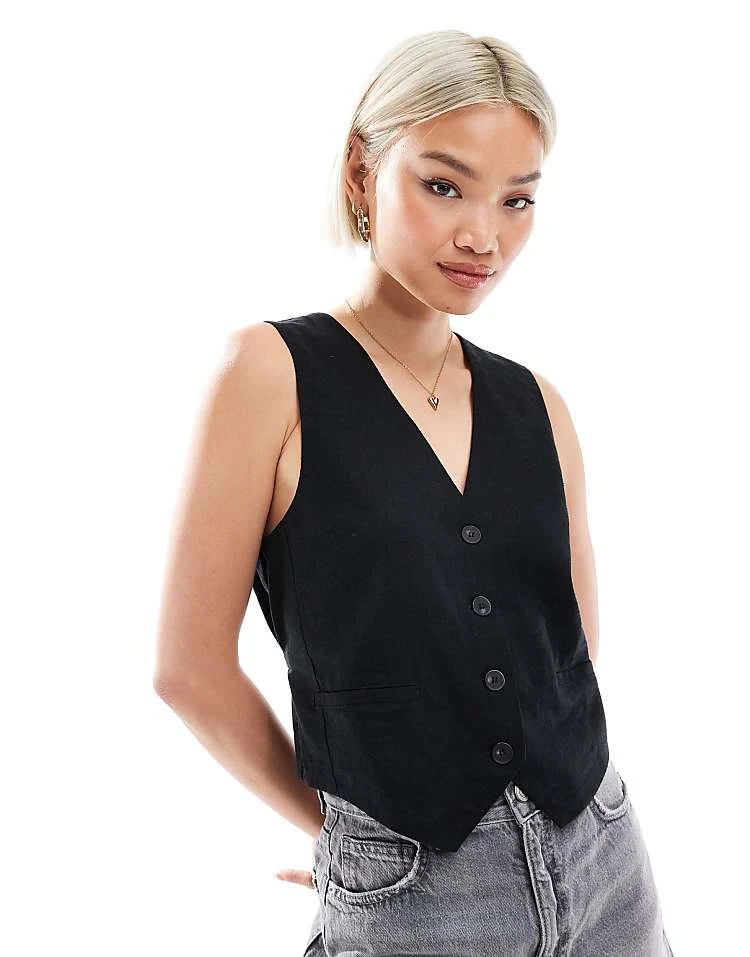 Pull&Bear Linen Look Waistcoat In Black For Women - Image 5