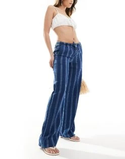 Pull&Bear Striped Trouser With Elasticated Waist In Navy Blue For Women