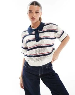 Pull&Bear Knitted Short Sleeved Polo Top In Multi Stripe For Women