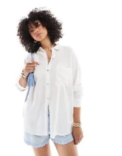 Pull&Bear Oversized Linen Look Shirt In White For Women