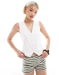 Pull&Bear Linen Look Waistcoat In White For Women