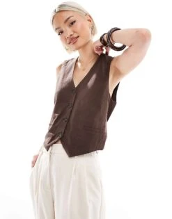Pull&Bear Linen Look Waistcoat In Brown For Women