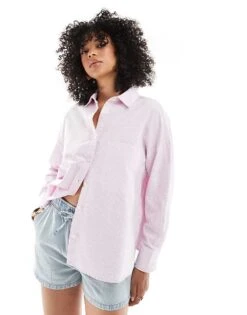 Pull&Bear Striped Oversized Shirt In Pastel Pink For Women