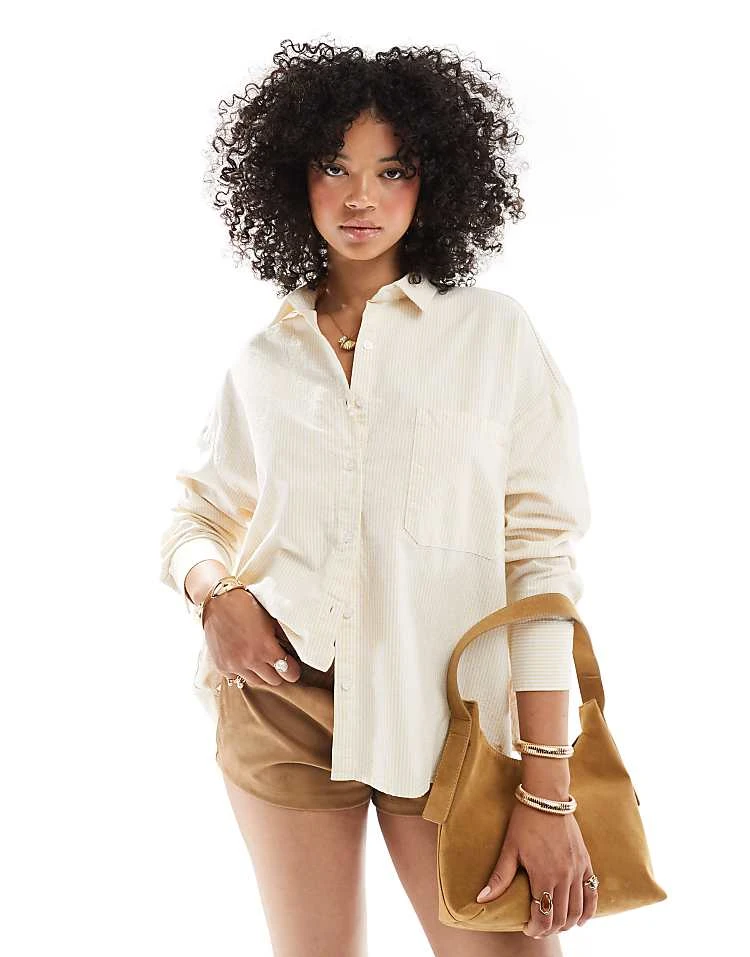 Pull&Bear Striped Oversized Shirt In Buttermilk Yellow For Women