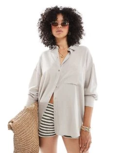 Pull&Bear Oversized Linen Look Shirt In Beige For Women