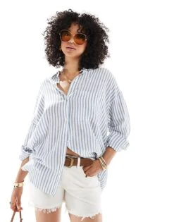 Pull&Bear Oversized Linen Look Shirt In Blue Stripe For Women