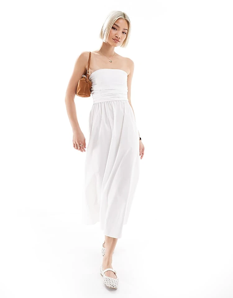 Pull&Bear Poplin Ruched Detail Bandeau Midaxi Dress In White For Women - Image 5