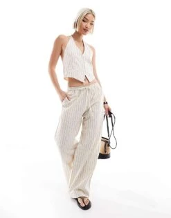 Pull&Bear Rustic Halterneck Waistcoat Co-ord In Ecru