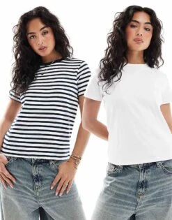 Pull&Bear 2 Pack Short Sleeve Cotton T-shirt In White & Stripe For Women White/black