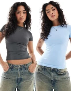 Pull&Bear 2 Pack Polyamide Baby Tee In Grey & Blue For Women Multi