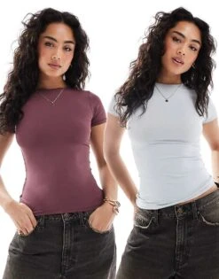 Pull&Bear 2 Pack Polyamide Baby Tee In Grey& Burgundy For Women Multi